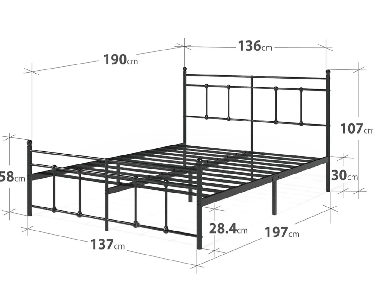Double Bed Frame | 135x190 cm Metal Platform with - Image 2