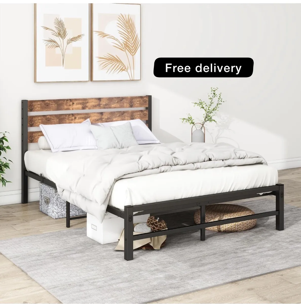 Double Bed Frame with Wood Headboard - Image 1