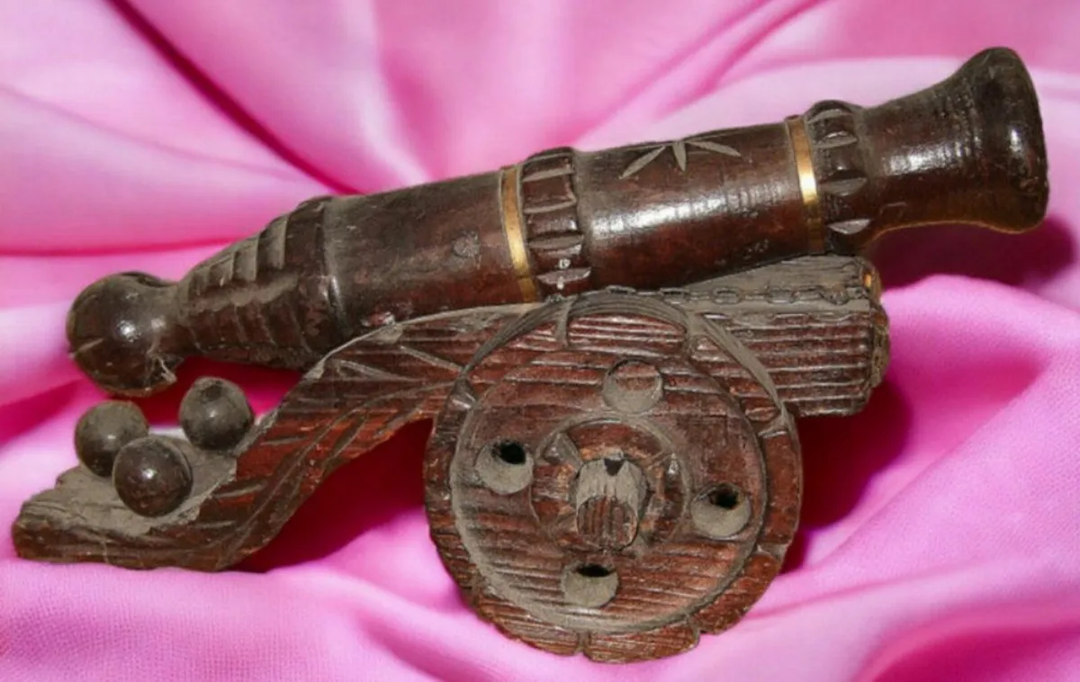 Vintage Wood and Brass Cannon - Image 1