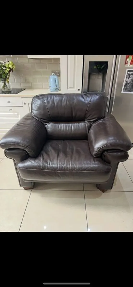 3 seater genuine brown leather sofa armchair and foot pouffe for sale in mint condition - Image 1