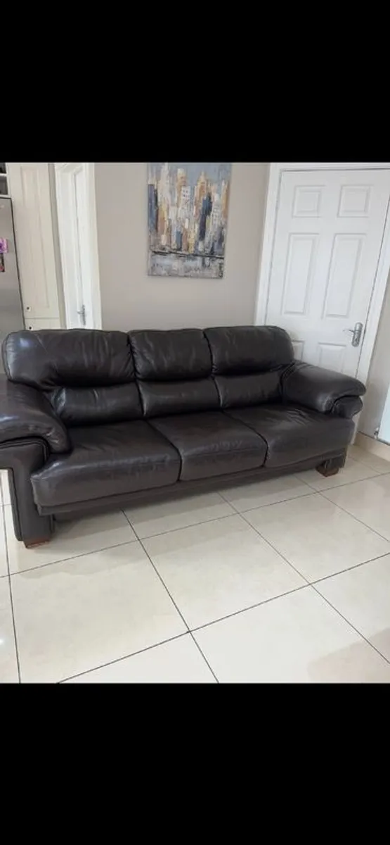 3 seater genuine brown leather sofa armchair and foot pouffe for sale in mint condition - Image 2