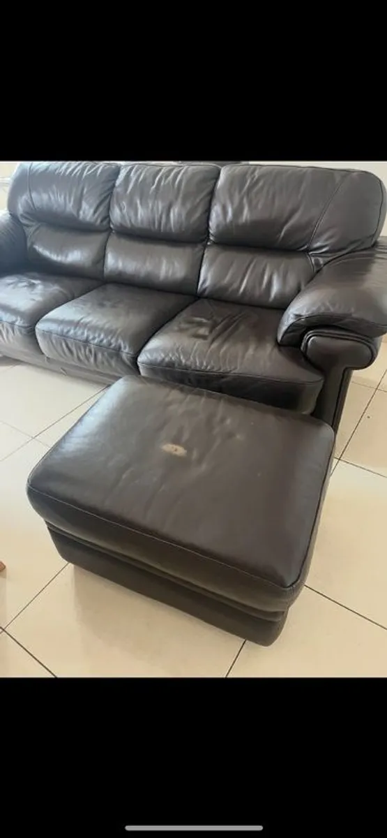 3 seater genuine brown leather sofa armchair and foot pouffe for sale in mint condition - Image 3