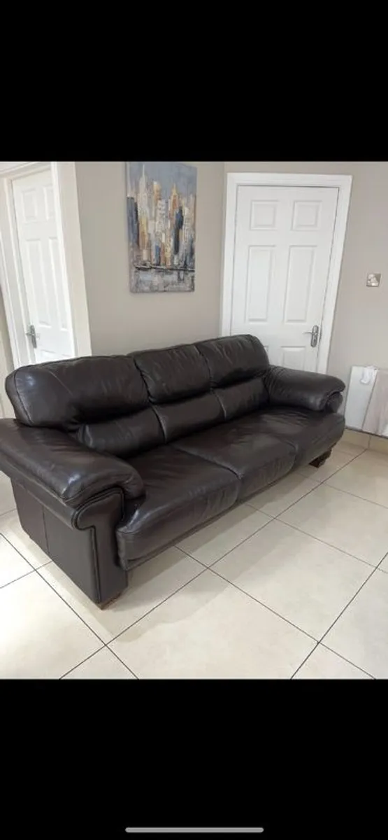 3 seater genuine brown leather sofa armchair and foot pouffe for sale in mint condition - Image 4