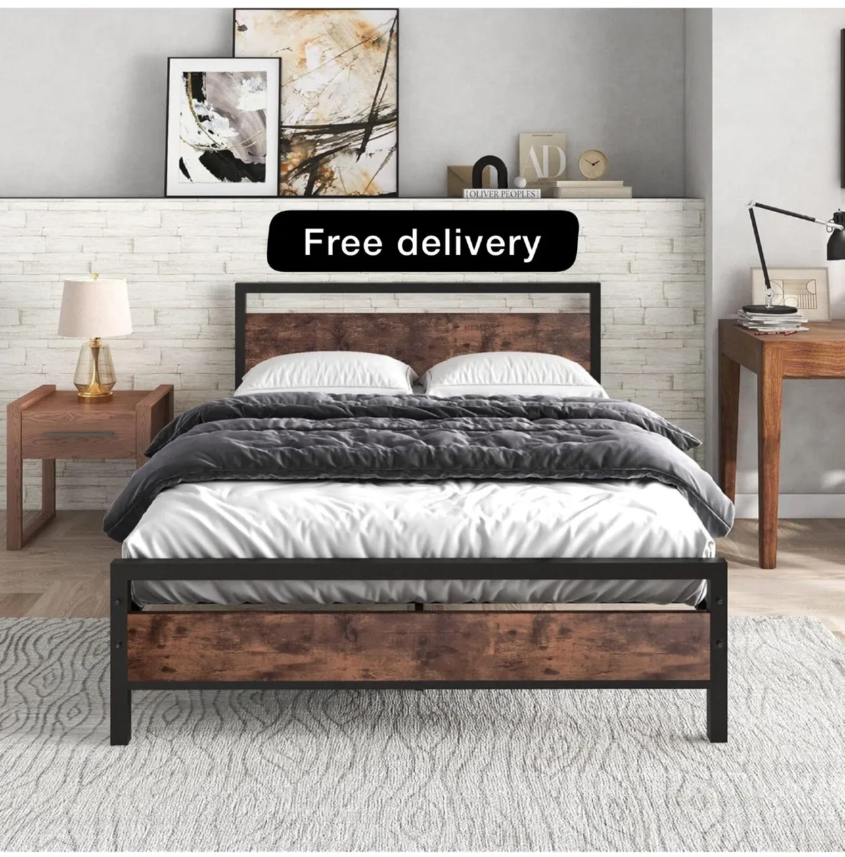 Metal Platform Bed Frame Double Size with Wooden H - Image 1