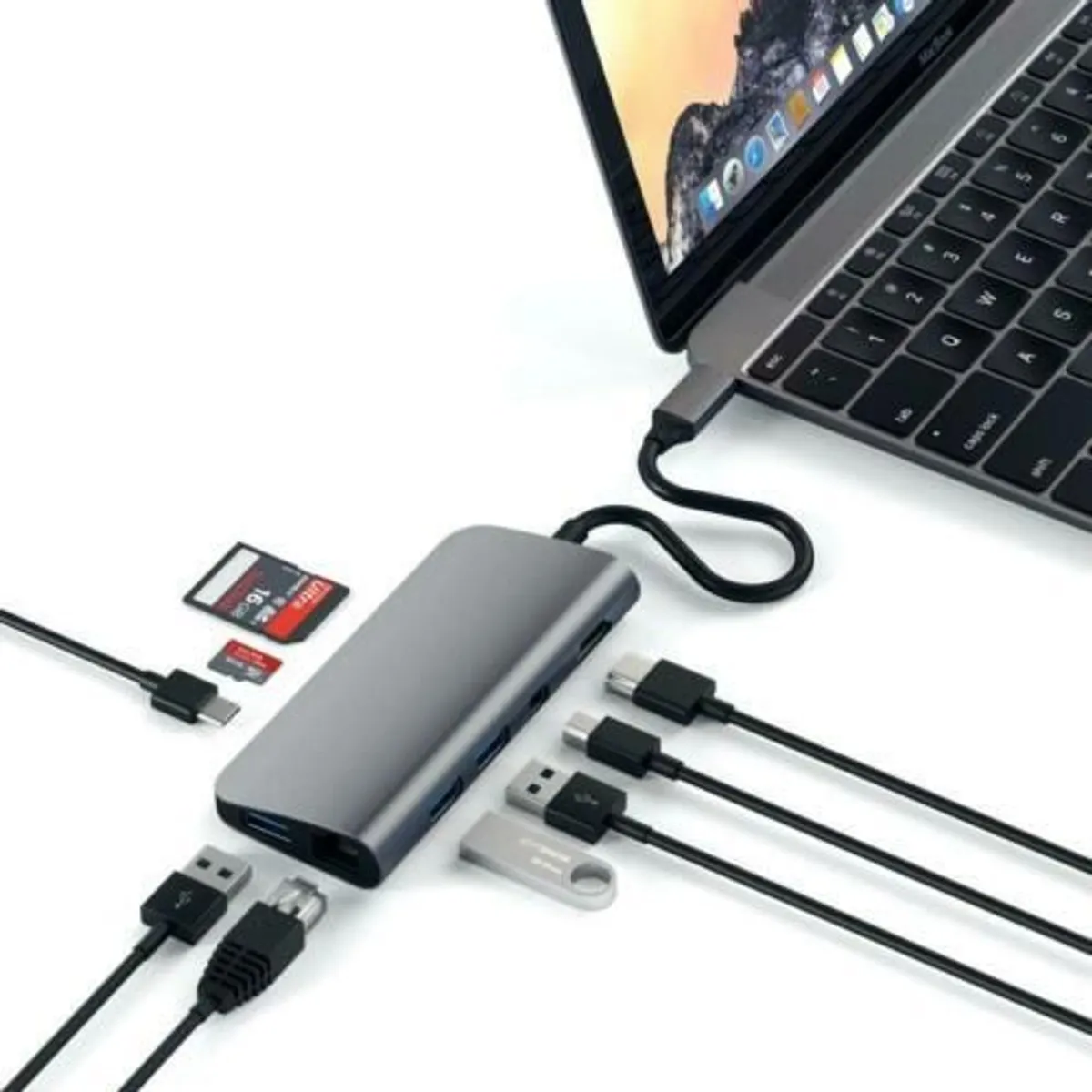 Satechi USB-C Multimedia Adapter 4K HDMI / Ethernet /MINI Display Port -TAPE -A - SD & micro SD - Grey Color - Image 1