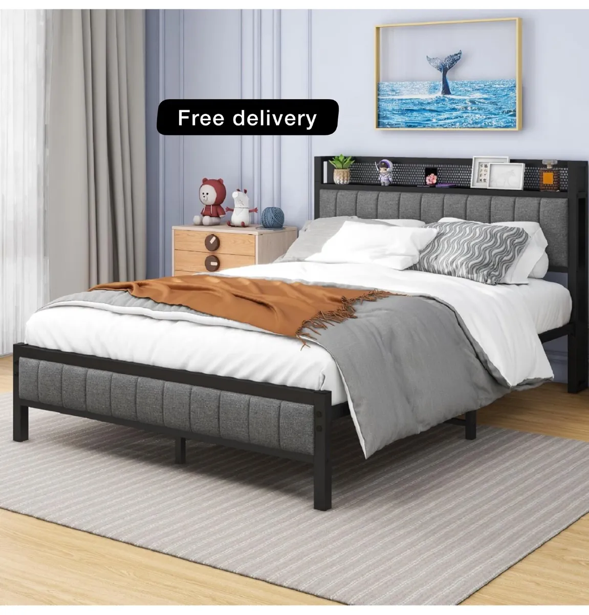 Double Bed Frame with Wooden Storage Headboard She - Image 1