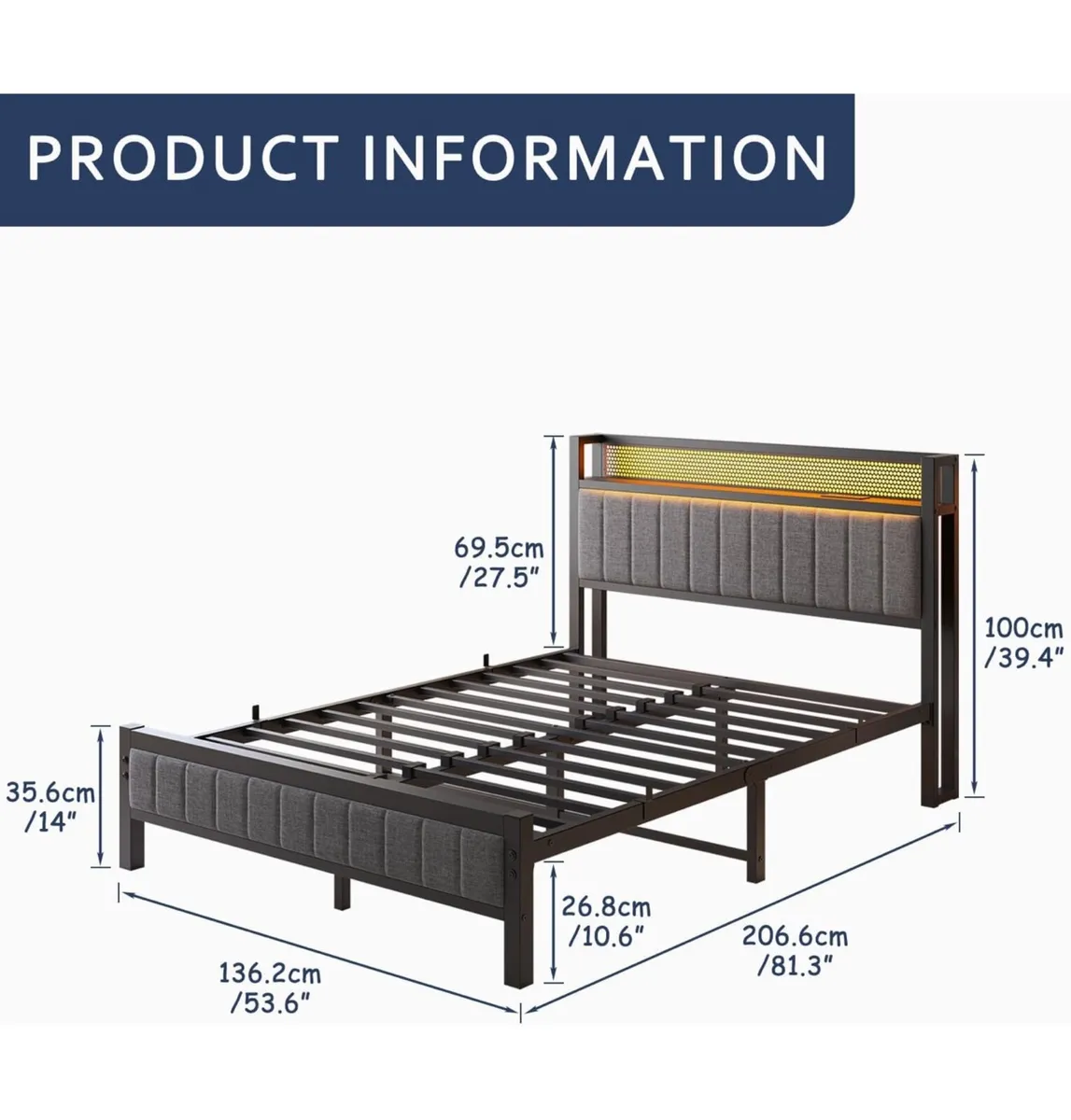 Upholstered Bed Frame Double Bed with Charging Sta - Image 3