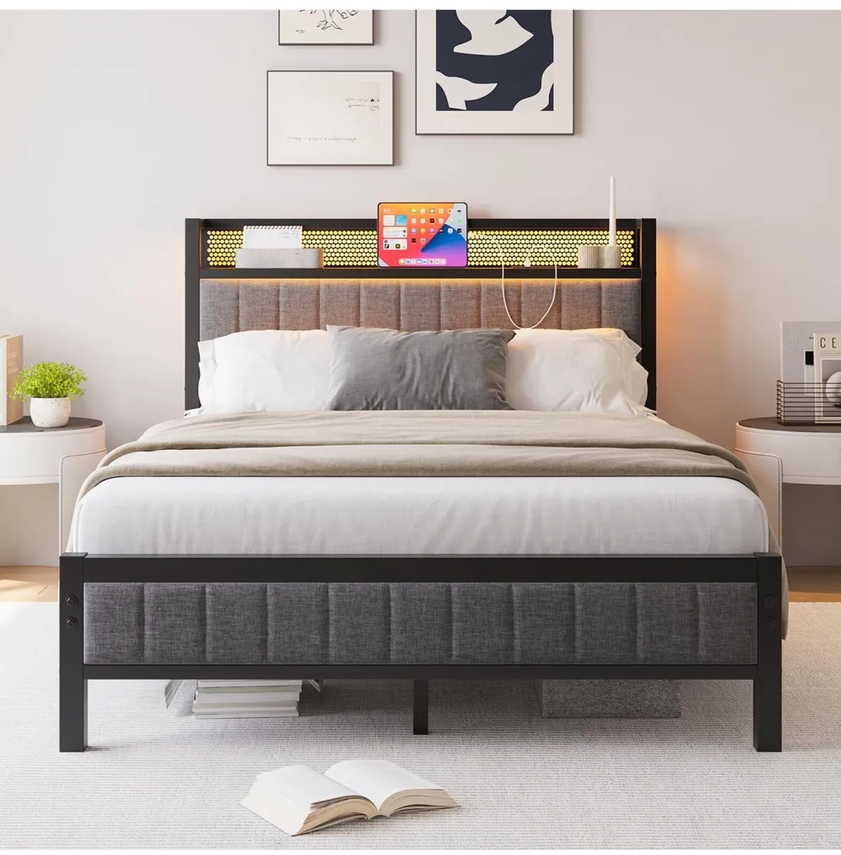 Upholstered Bed Frame Double Bed with Charging Sta - Image 4