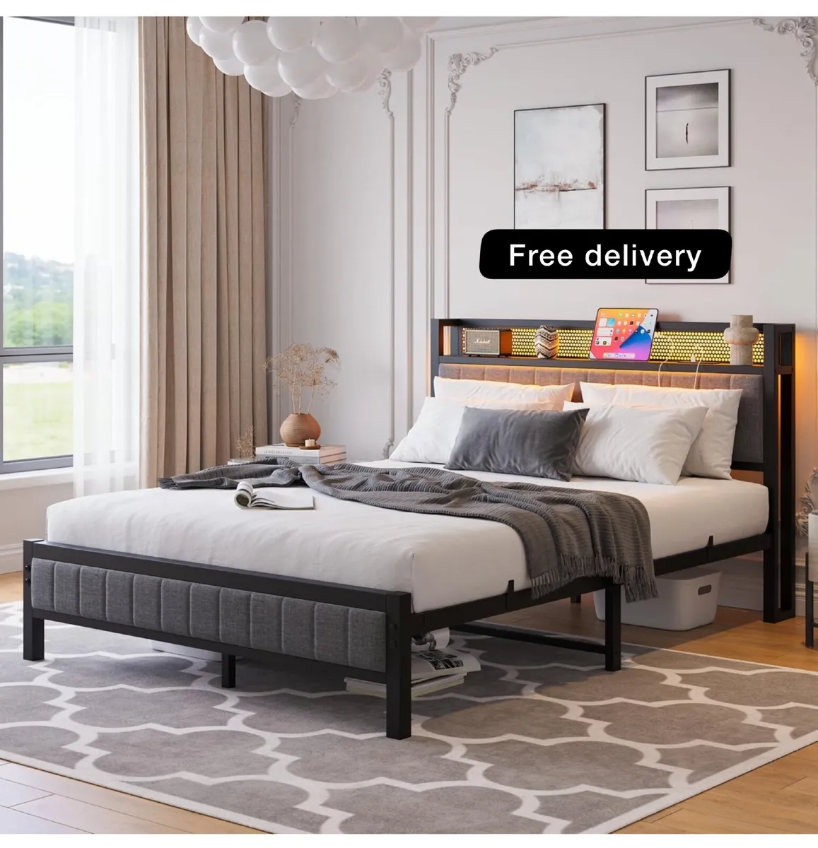 Upholstered Bed Frame Double Bed with Charging Sta - Image 1