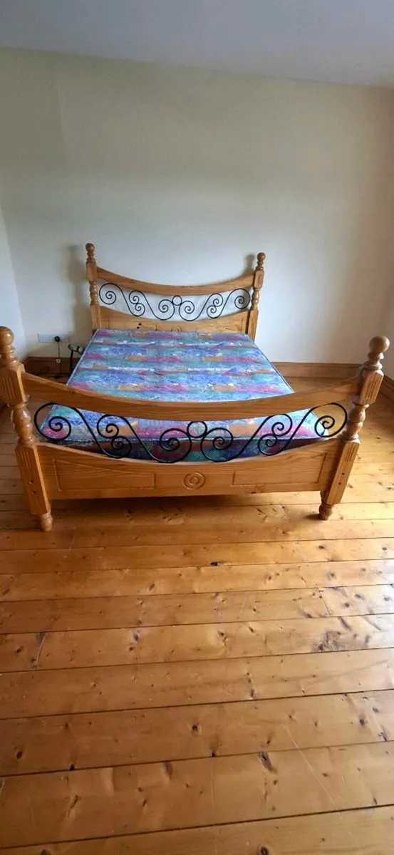 Double pine bed with mattress - Image 1