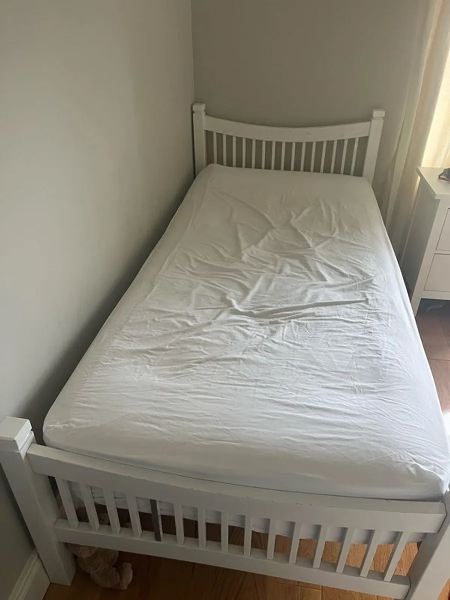 White bed frame and mattress - Image 1