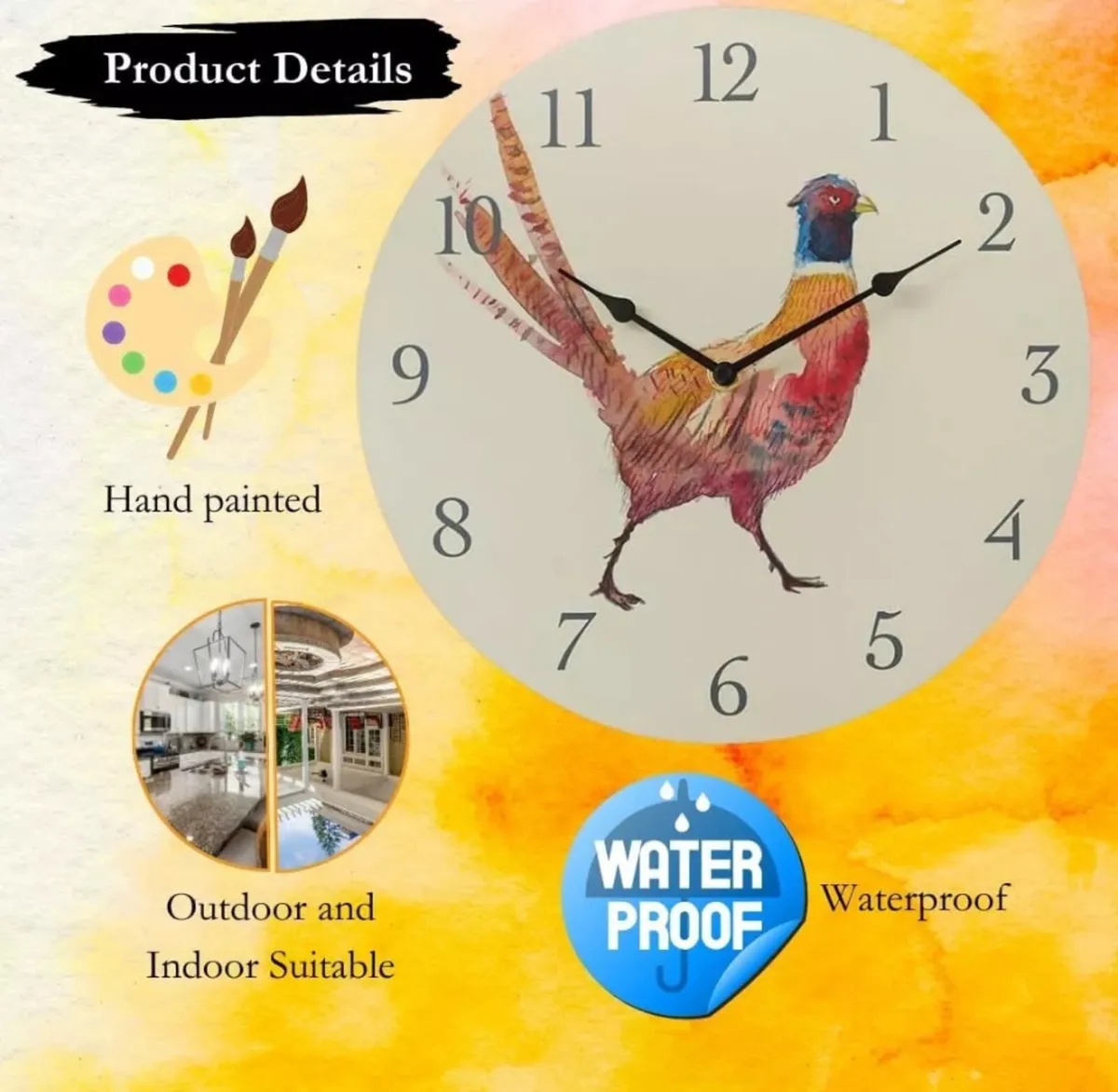 12" Pheasant Themed Outdoor Garden Wall Clock - Image 1