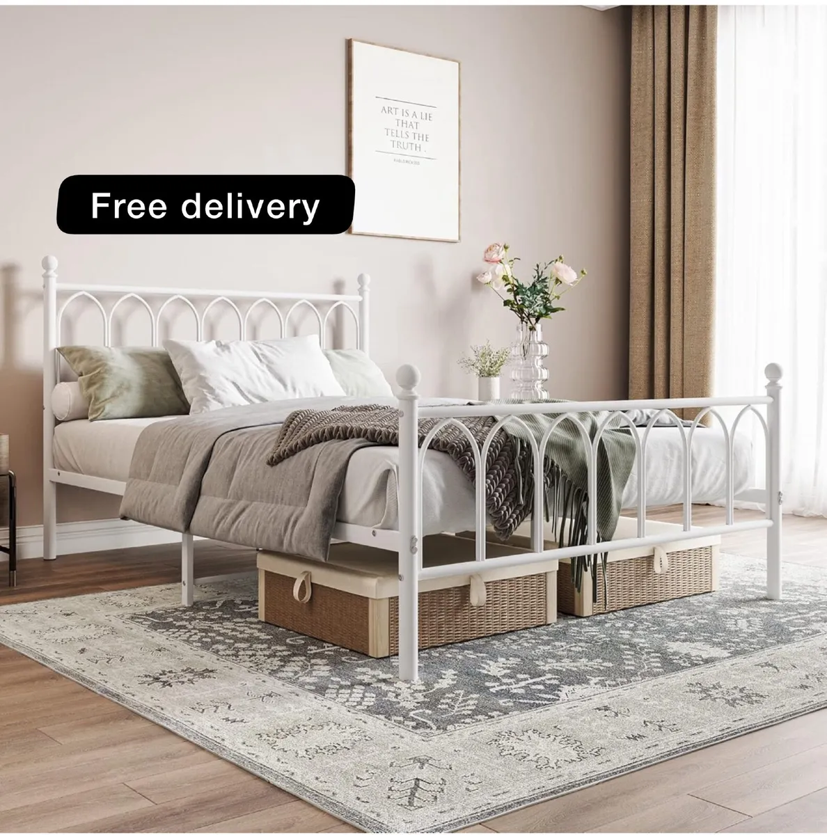 Double Metal Bed Frame 135 x 190 cm with Headboard - Image 1