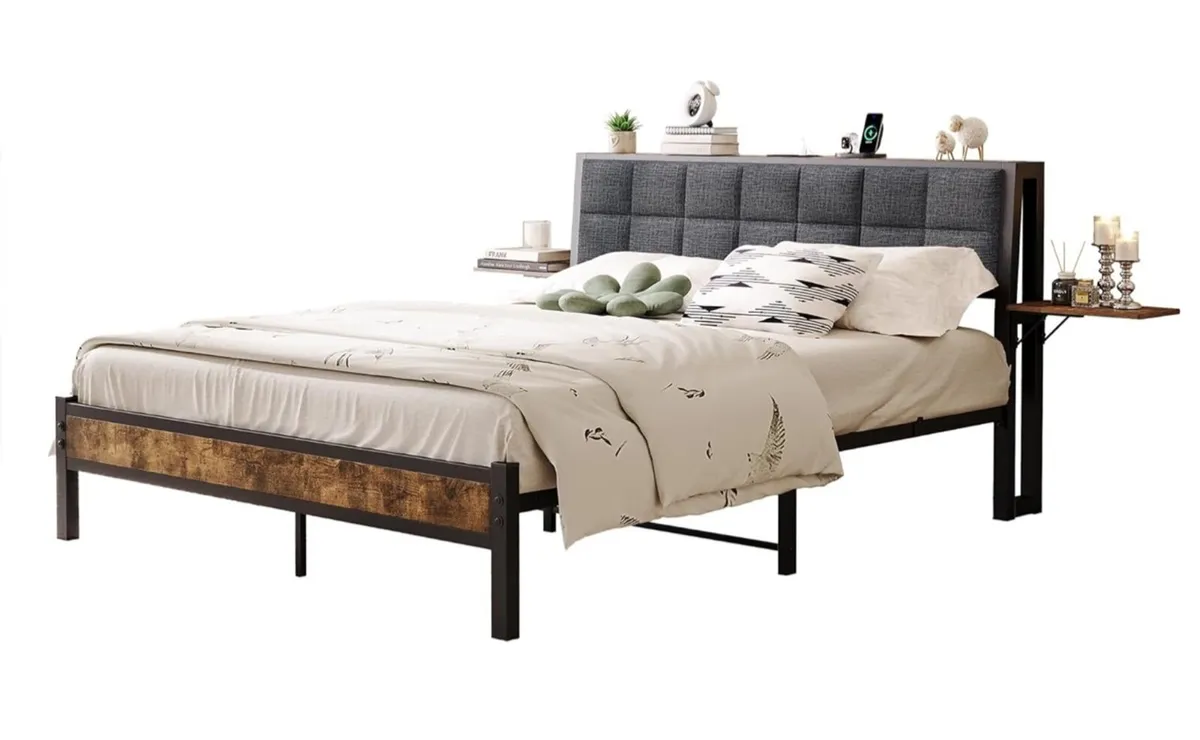 Upholstered Bed Frame Double Bed with Charging Sta - Image 2