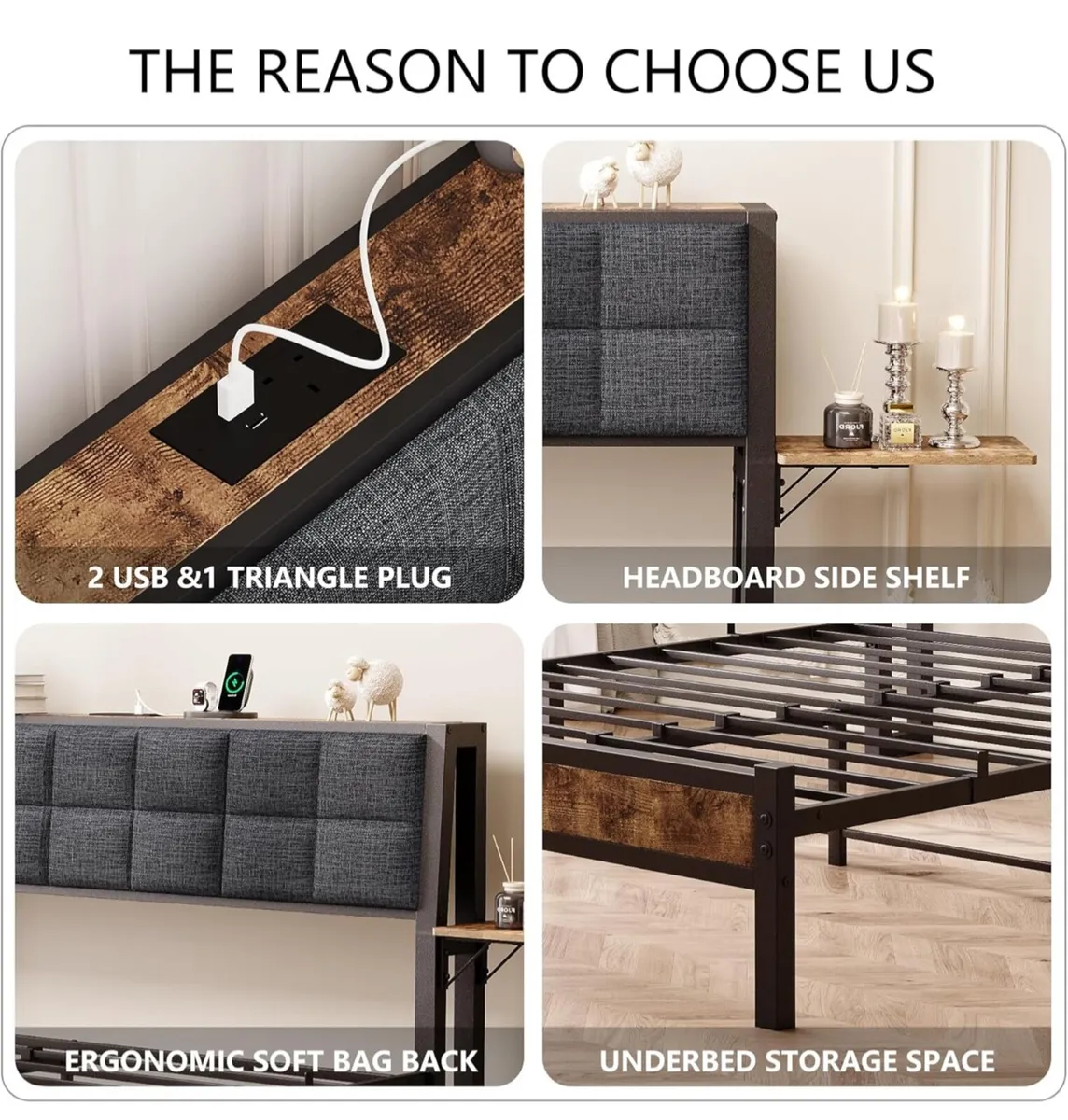 Upholstered Bed Frame Double Bed with Charging Sta - Image 4