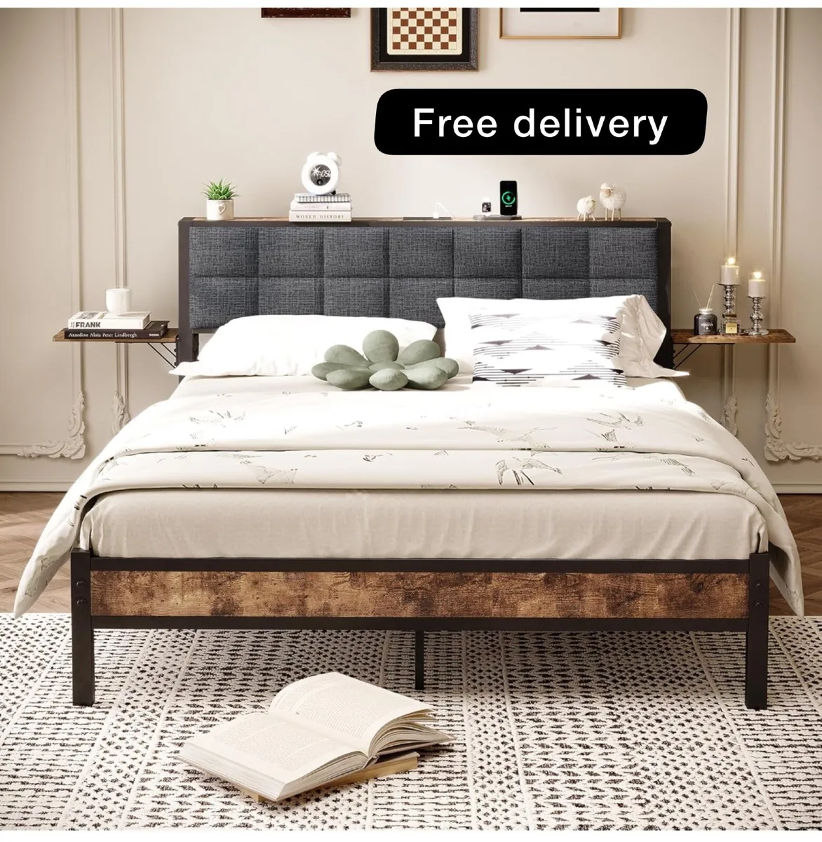 Upholstered Bed Frame Double Bed with Charging Sta - Image 1