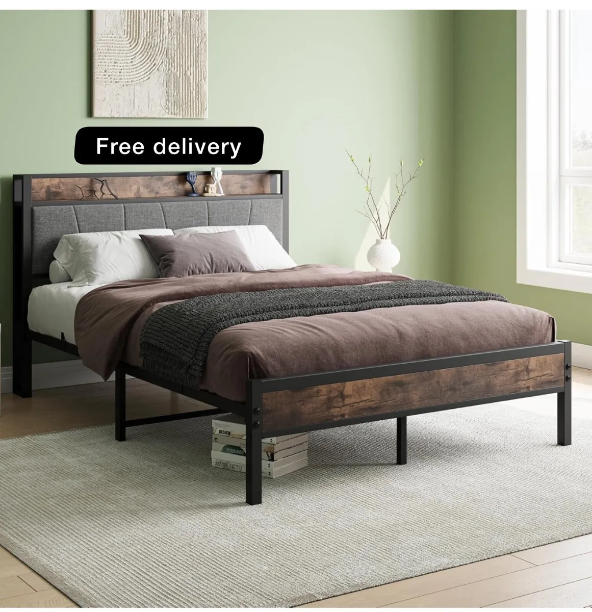 Double Bed Frames with Storage Headboard,Heavy Dut - Image 1