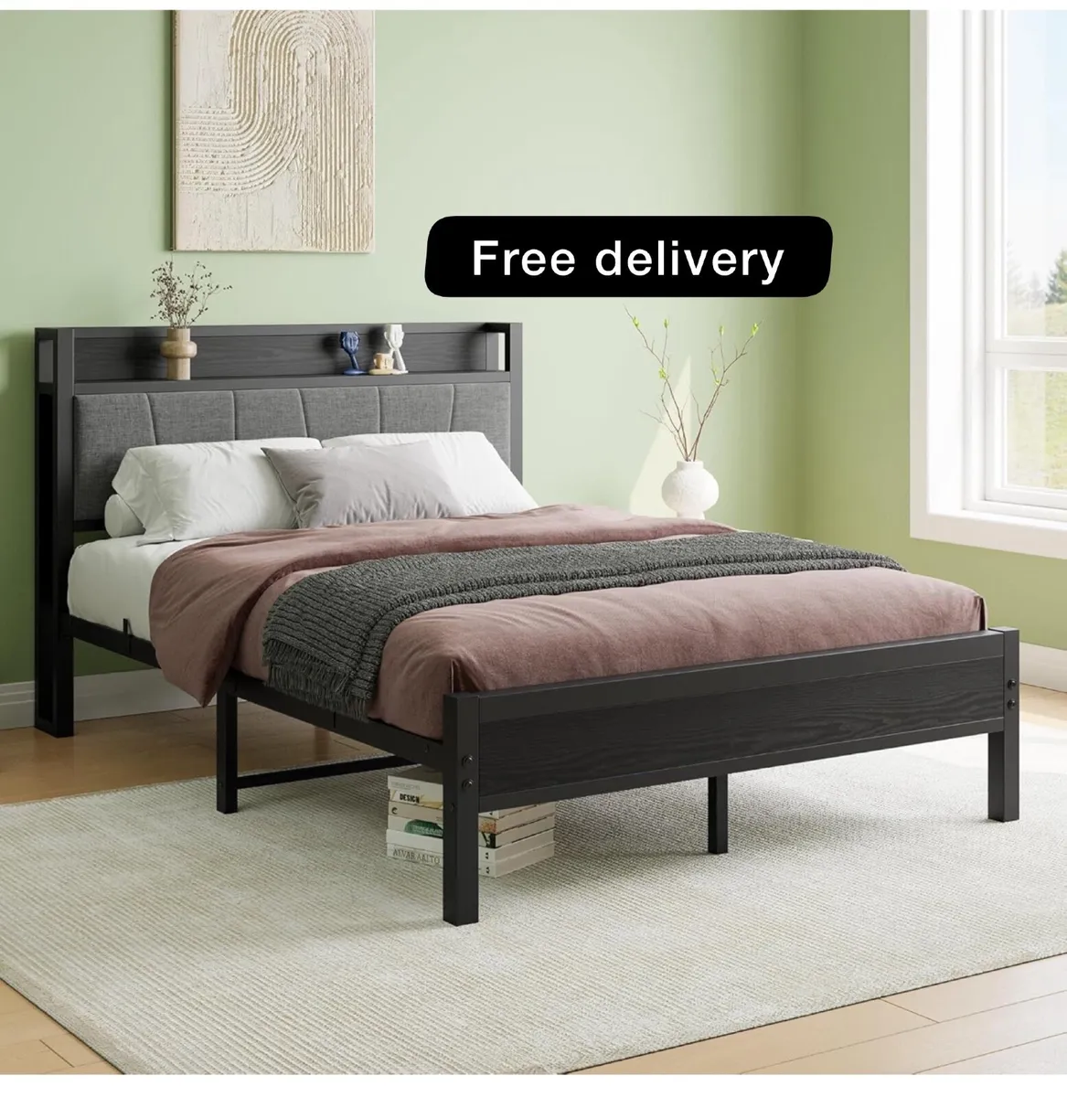 Double Bed Frames with Wooden Storage Headboard,He - Image 1