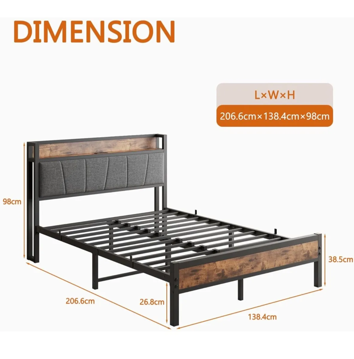 4ft6 Double Bed Frame with Charging Station,Storag - Image 4