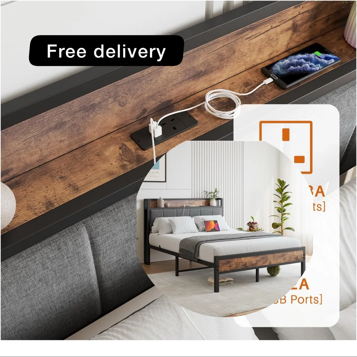 4ft6 Double Bed Frame with Charging Station,Storag - Image 1