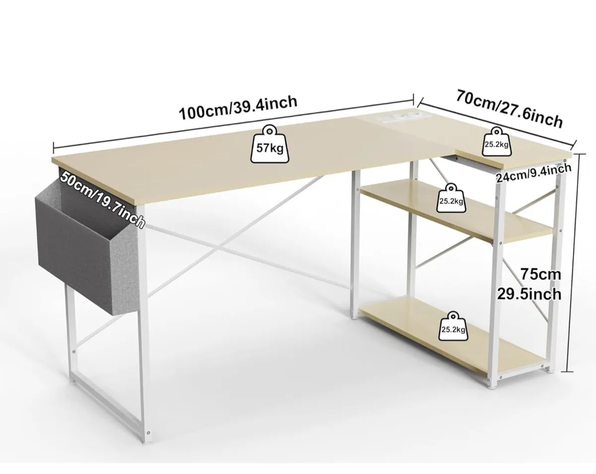 L Shaped Desk with Power Outlets 100x70 cm - Image 2