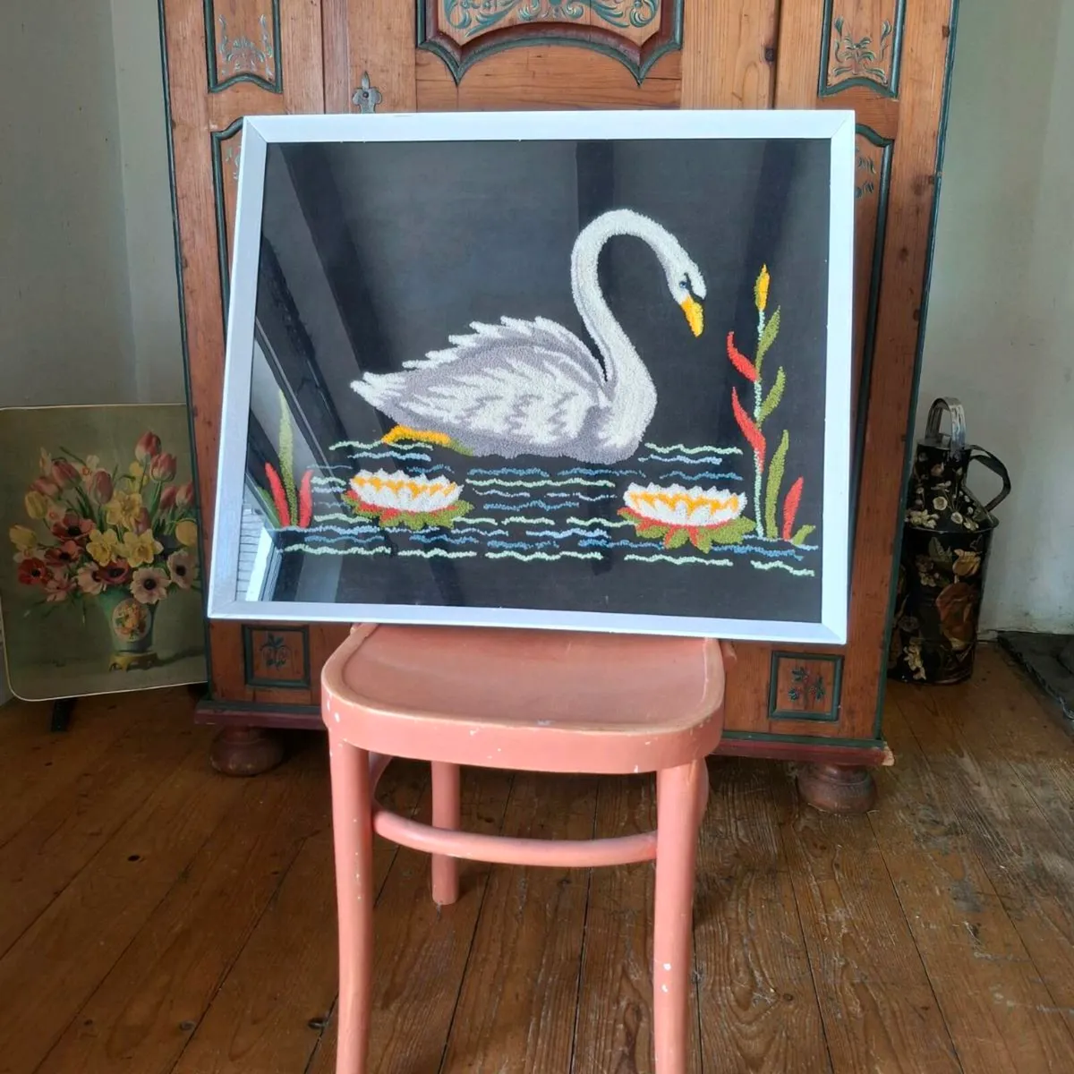 1970's Punch Needle Swan Picture - Image 1