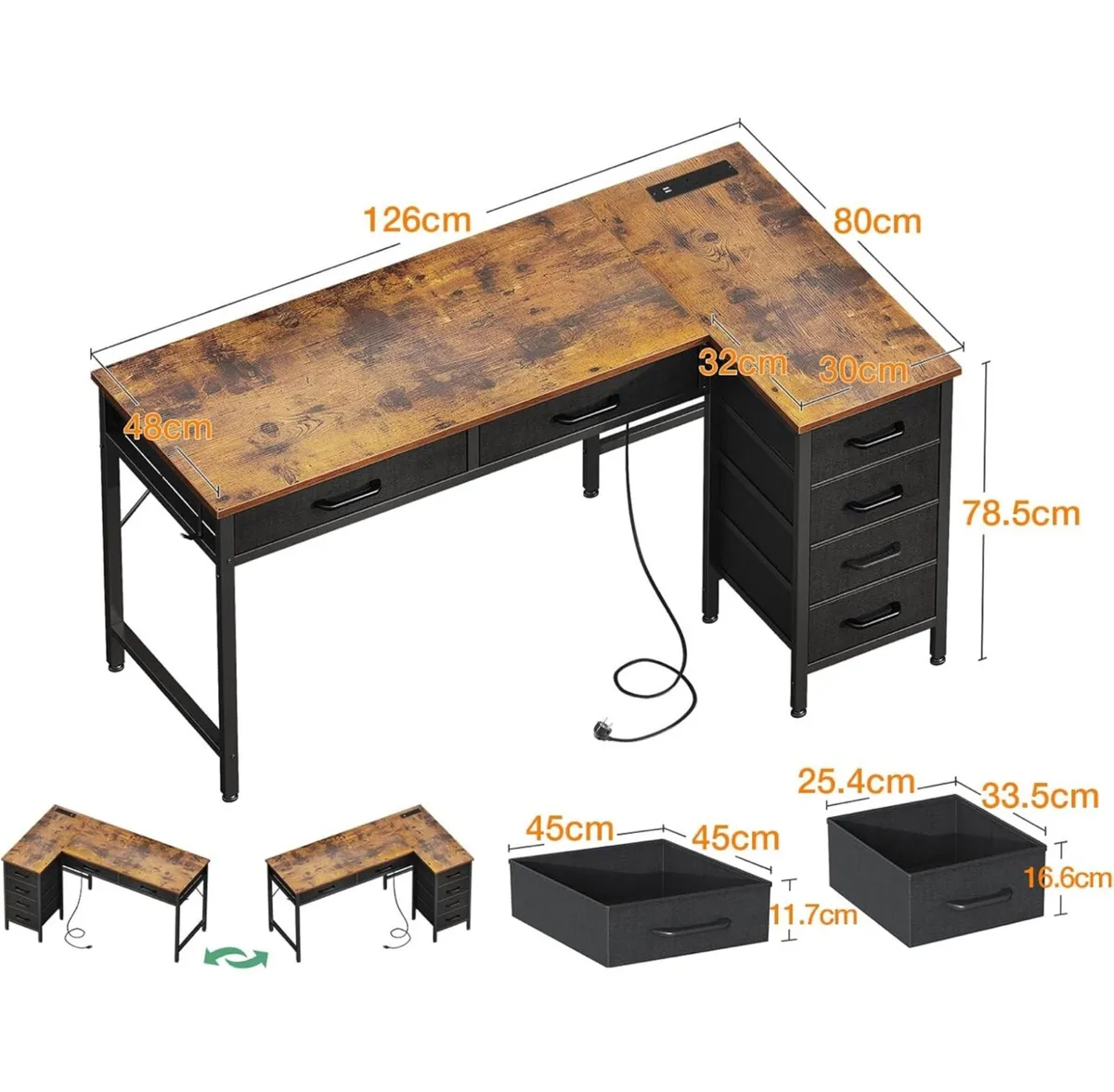Computer Corner Desk with Fabric Drawers 126 cm - Image 2