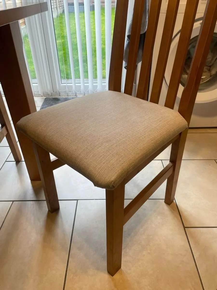 Nice pine table with storage draws, & six recently recovered chairs - Image 3