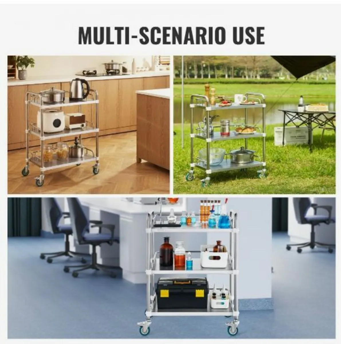 Lab Rolling Cart, 3-Shelf Stainless Steel Rolling - Image 2