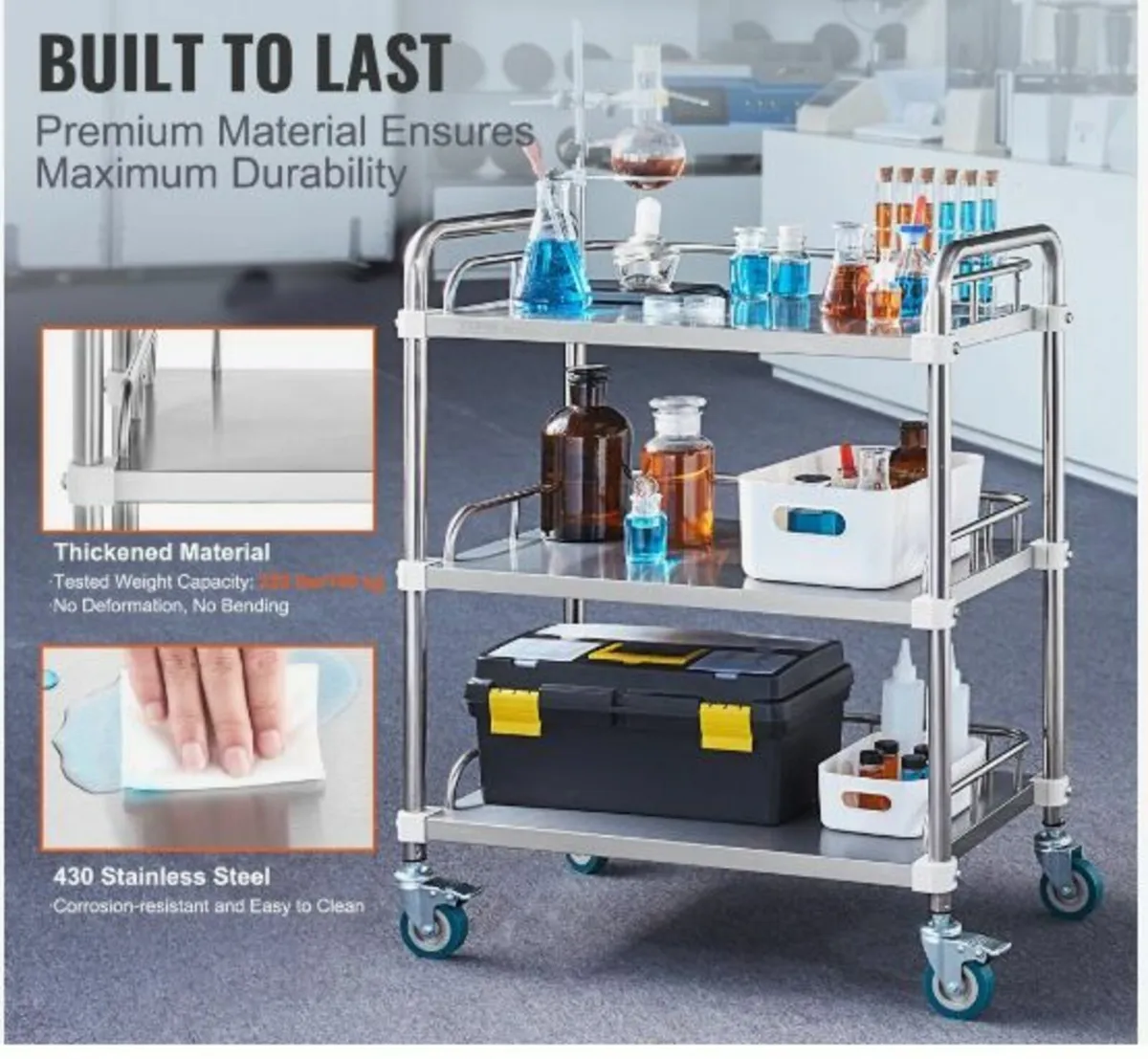 Lab Rolling Cart, 3-Shelf Stainless Steel Rolling - Image 4