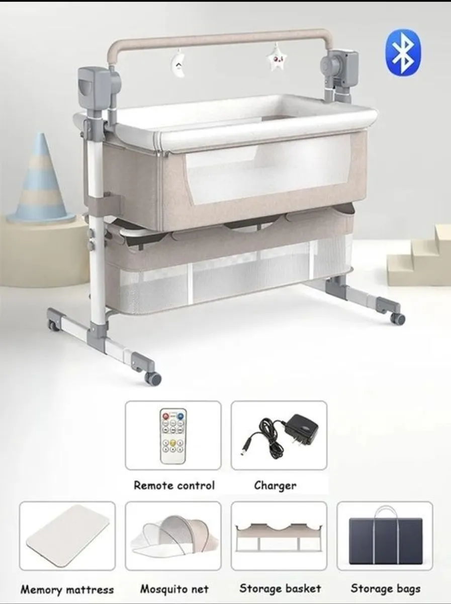 Bedside Crib Baby Bassinet Infant Bedside Sleeper Convertible Baby Bedside Cot Multifunctional Portable Foldable Baby Swing Cradle with Bluetooth Music 5 Swaying Gears Remote Control (Khaki-1) - Image 2