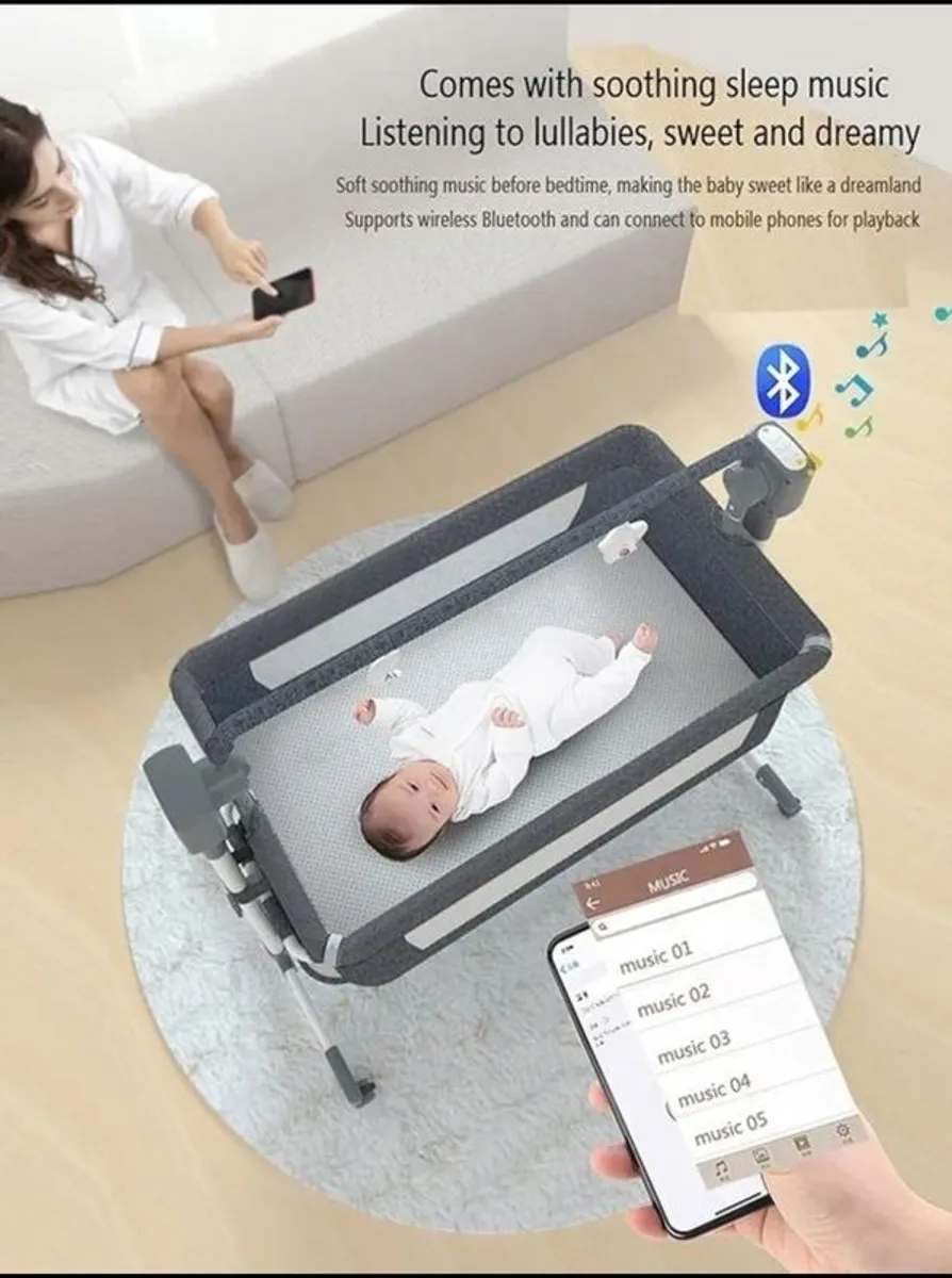 Bedside Crib Baby Bassinet Infant Bedside Sleeper Convertible Baby Bedside Cot Multifunctional Portable Foldable Baby Swing Cradle with Bluetooth Music 5 Swaying Gears Remote Control (Khaki-1) - Image 4