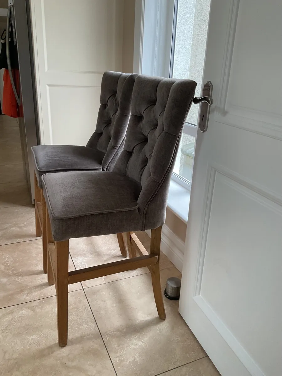2 Grey Fabric Barstools with Oak legs (EZ living) - Image 1