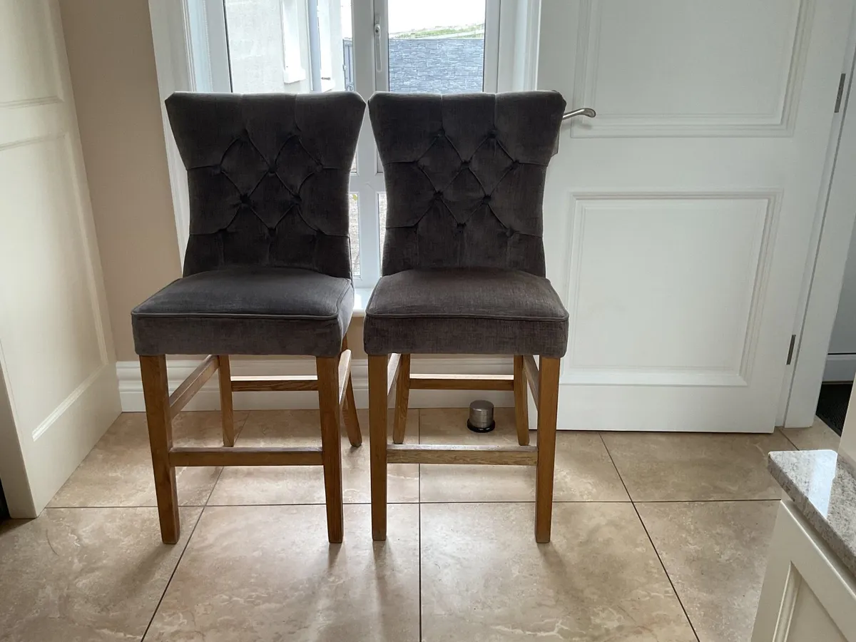 2 Grey Fabric Barstools with Oak legs (EZ living) - Image 2