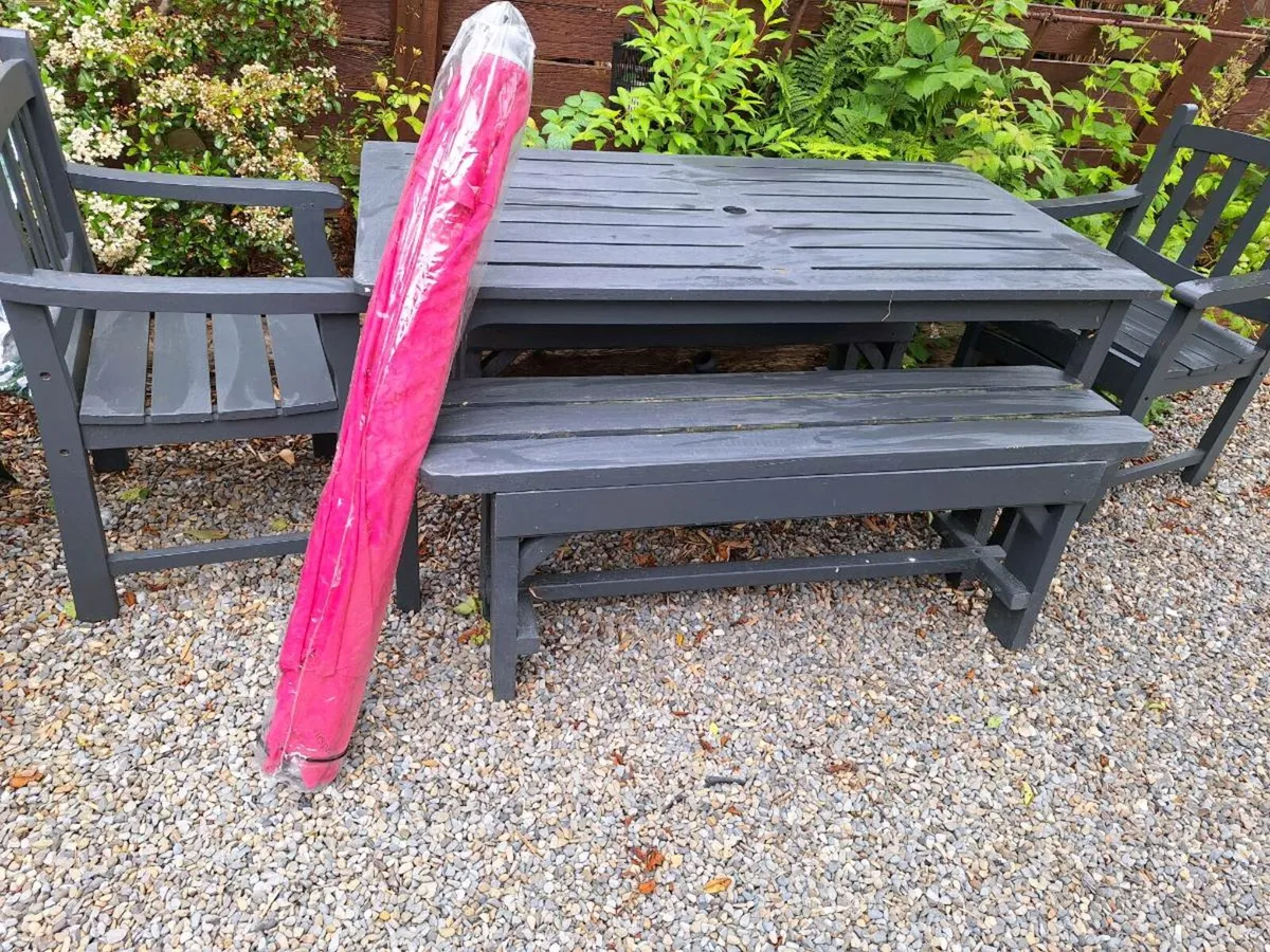 Picnic table umbrella 2 chairs and 2 benches - Image 1