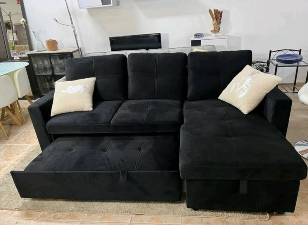 Black velvet Corner Sofa Bed Storage Free Deliver - Image 1