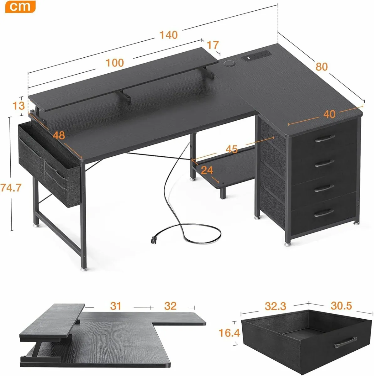 Drawers L Shaped Computer Desk Office 140x80cm - Image 3