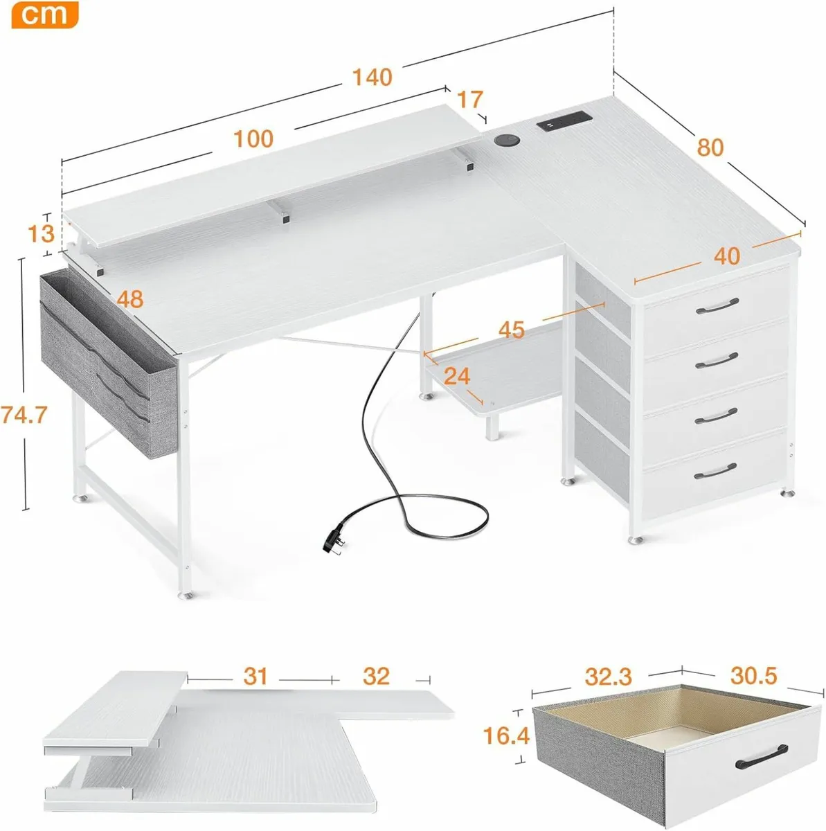 L Shaped Computer Office Desk Drawers 140x80 white - Image 2