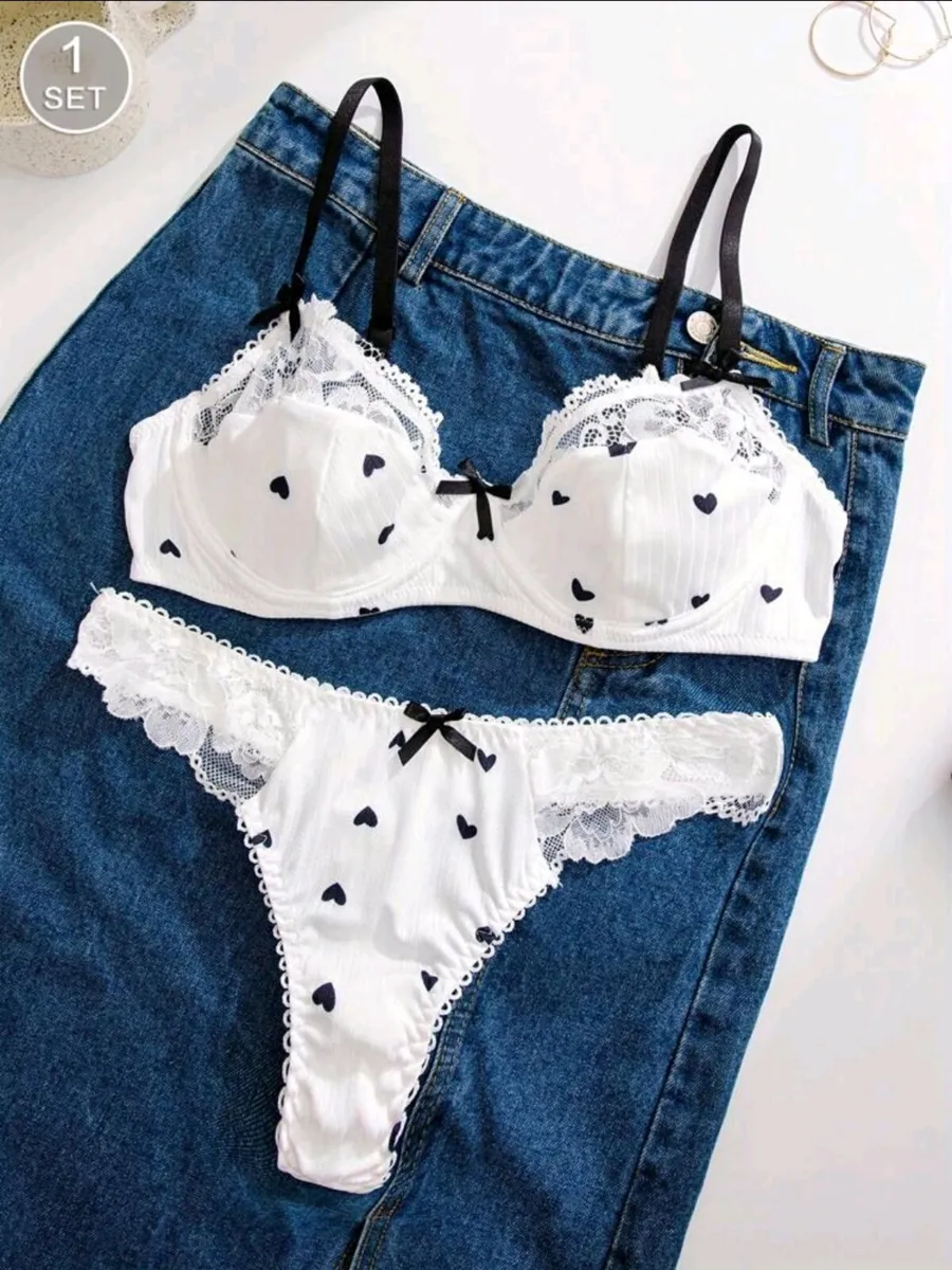White Lingerie Set with Black Hearts & Bows – Size - Image 1