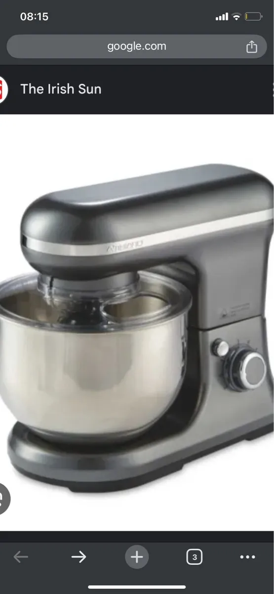 Grey stand mixer with 3 different whisks
