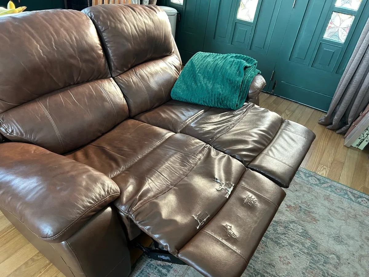 Brown leather two seater recliner - Image 1