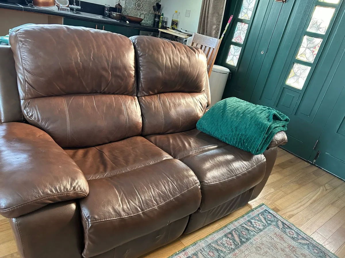 Brown leather two seater recliner - Image 3