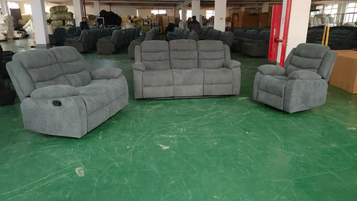 New 3+2 Grey Fabric Recliner With Pulldown Table