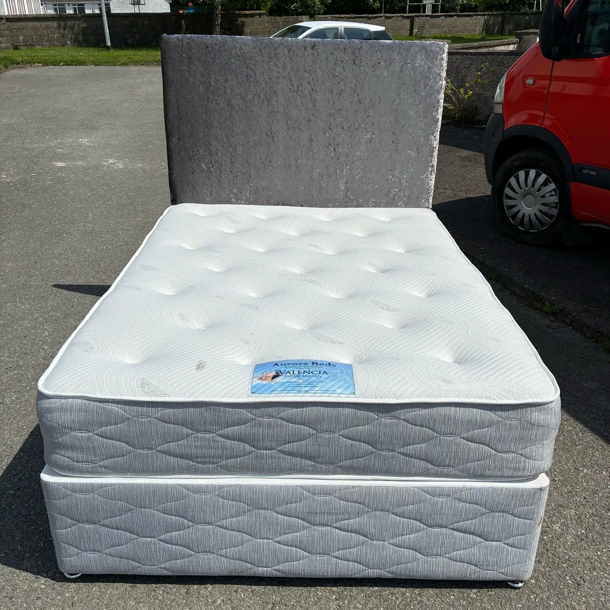 Grey Double Bed base, Mattress & New Headboard - Image 1