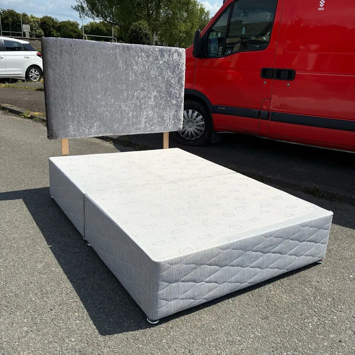 Grey Double Bed base, Mattress & New Headboard - Image 2