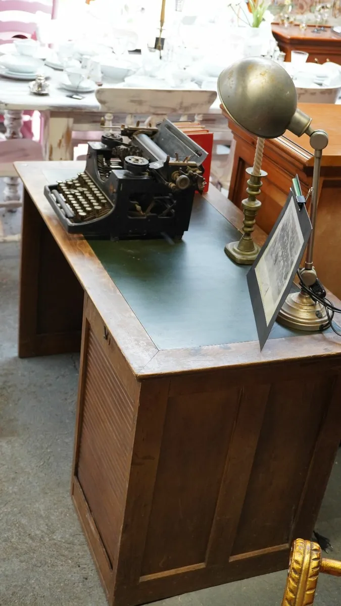 Vintage Oak Desk with Green Composite Inlay and Ta - Image 3