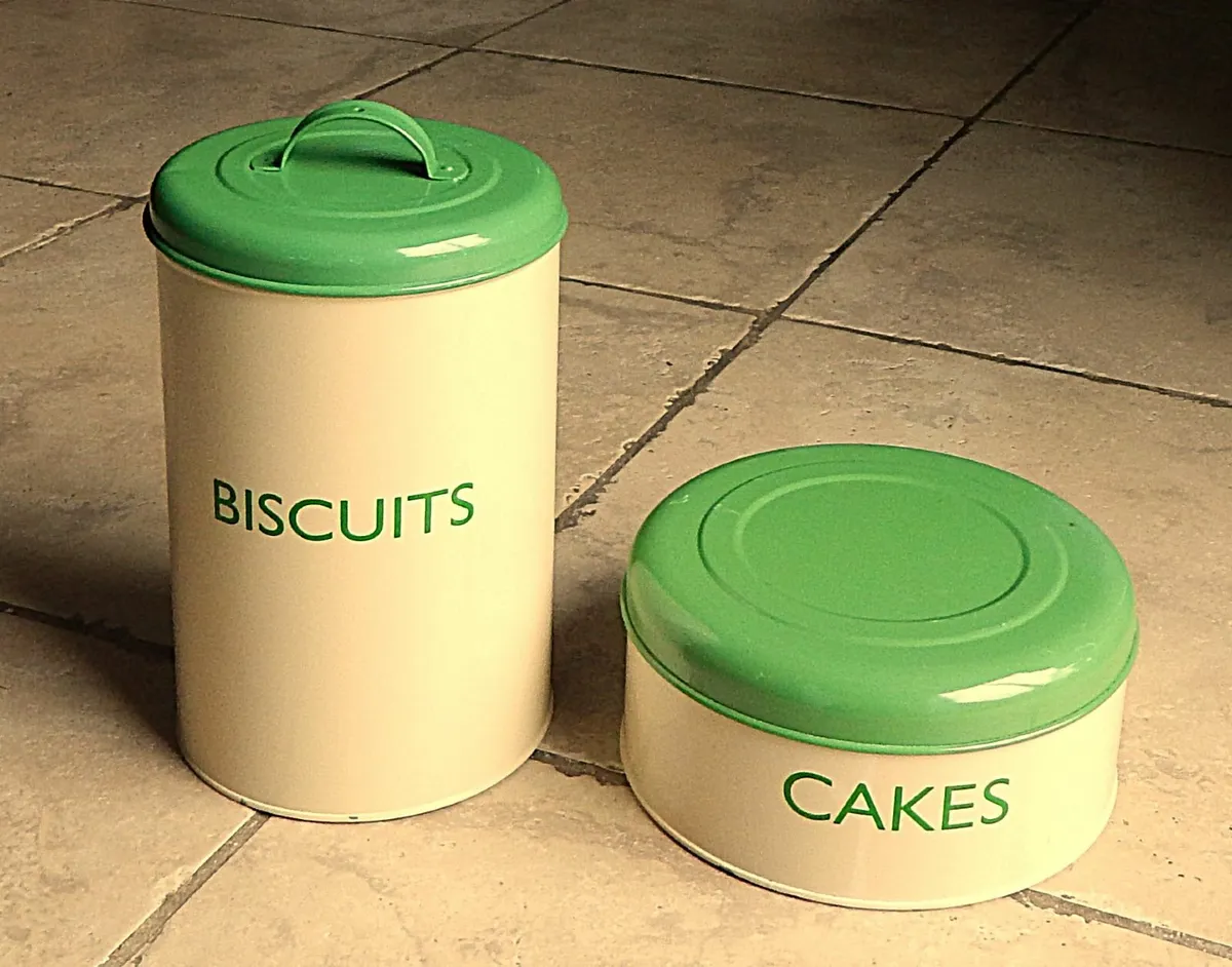 2 Enamel Biscuits & Cake Storage Tins - Image 1