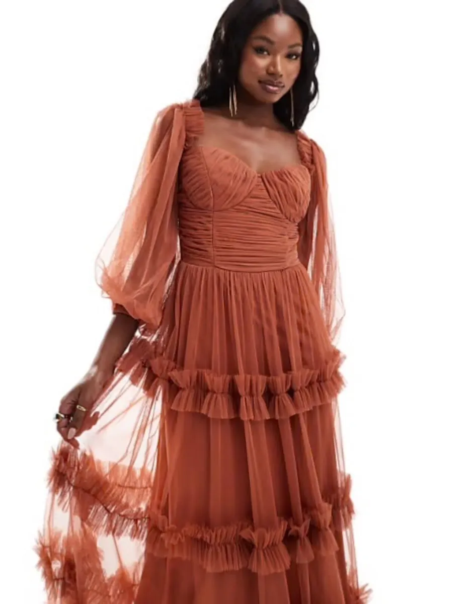 Lace & Beads long sleeve ruffle maxi dress in terr - Image 1