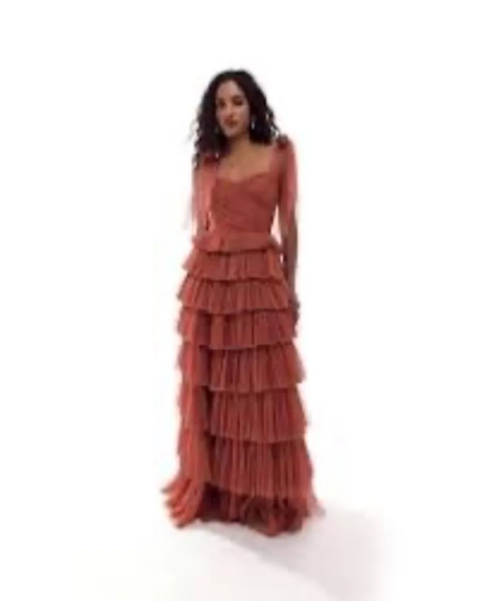 Lace & Beads long sleeve ruffle maxi dress in terr - Image 2