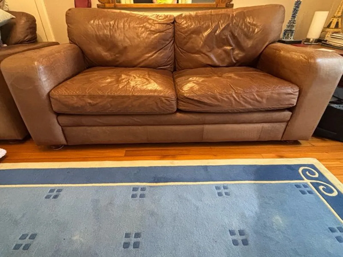 Brown leather 3 seater & Armchair - Image 1